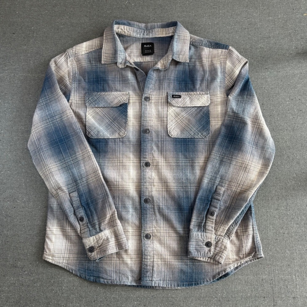 RVCA Shirt Mens Medium Blue Tan Excellent Plaid Flannel Long Sleeve Regular Fit